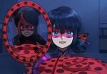  2girls angry black_hair blue_background blue_eyes blue_hair bodysuit commentary_request double_bun hair_bun highres ladybug_(character) marinette_dupain-cheng mask miraculous_ladybug mirror multiple_girls open_mouth polka_dot red_eyes red_mask riri_04300430 shadybug short_twintails smile superhero_costume twintails 