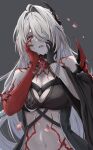  1girl absurdres acheron_(honkai:_star_rail) armor bare_shoulders black_choker black_coat black_gloves blood blood_from_eyes body_markings breasts choker cleavage coat falling_petals flower gloves hair_ornament hair_over_one_eye hands_on_own_face highres honkai:_star_rail honkai_(series) large_breasts long_sleeves looking_at_viewer markings midriff navel official_alternate_color open_mouth petals red_eyes red_flower satsumaagee shaded_face shoulder_armor single_glove single_sleeve solo upper_body white_hair 