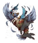  3_toes anthro armor avian avian_feet beak black_feet blue_body breath_of_the_wild clothed clothing feathers feet flying foot_focus jewelry kredri male nintendo revali rito simple_background smile soles solo spread_wings talons the_legend_of_zelda toes wings wrinkles 