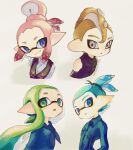  2boys 2girls blonde_hair blue_eyes blue_hair blue_kei closed_mouth commentary_request green_eyes green_hair grey_eyes inkling inkling_boy inkling_girl inkling_player_character long_hair medium_hair mohawk multiple_boys multiple_girls parted_lips pink_hair pointy_ears sailor_collar sailor_shirt shirt short_hair simple_background smile splatoon_(series) tentacle_hair topknot white_background 