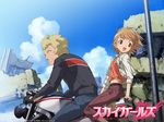  1girl copyright_name driving ground_vehicle highres logo motor_vehicle motorcycle multiple_riders official_art sakurano_otoha sky_girls tachibana_ryohei wallpaper 