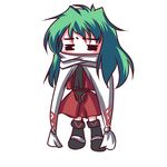  black_footwear chibi closed_eyes dress emerada_(xenogears) fictional_sister full_body green_hair red_dress scarf shoes simple_background solo standing white_scarf xenogears 