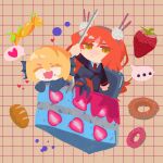  2girls :3 black_jacket blonde_hair blush brown_hairband cake candy_wrapper closed_eyes collared_shirt don_quixote_(project_moon) doughnut e.g.o_(project_moon) electricleaf fins food fork fruit green_eyes hairband head_fins highres ishmael_(project_moon) jacket limbus_company long_hair multiple_girls necktie open_mouth orange_hair project_moon red_necktie shirt short_hair sidelocks smile speech_bubble strawberry very_long_hair white_shirt 