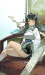  1girl absurdres ambience_synesthesia arknights bare_legs black_hair chinese_clothes crossed_legs dusk_(arknights) highres long_hair pencil_skirt sitting skirt solo sword very_long_hair weapon xinjinjumin419365409297 