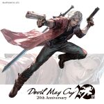  1boy anniversary belt blue_eyes boots coat commentary company_name copyright_name dante_(devil_may_cry) devil_may_cry_(series) devil_may_cry_5 dual_wielding ebony_&amp;_ivory facial_hair fingerless_gloves gloves gun handgun highres holding holding_gun holding_weapon jacket knee_boots logo looking_at_viewer male_focus medium_hair mita_chisato open_clothes open_coat pants rebellion_(sword) red_coat red_jacket shirt smile solo sword weapon weapon_on_back white_hair zoom_layer 