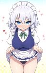  1girl :o blue_eyes blue_skirt blush braid breasts clothes_lift commentary_request grey_hair highres izayoi_sakuya large_breasts lifted_by_self looking_at_viewer maid maid_headdress rizento skirt skirt_lift solo thighs touhou twin_braids 