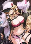  1girl armpits arms_up bandeau belt black_choker black_shorts black_thighhighs blonde_hair breasts cabbie_hat camisole choker cleavage commentary crop_top goomrrat grin hat highres jacket jewelry long_hair long_sleeves looking_at_viewer micro_shorts midriff navel necklace open_clothes open_jacket original purple_eyes shirt shorts sleeveless sleeveless_shirt smile solo spaghetti_strap stomach sweat thigh_strap thighhighs thighs very_long_hair white_belt white_hat white_jacket 