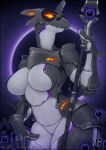  2024 anthro armor biped black_body breasts digital_media_(artwork) featureless_breasts female grey_body hi_res holding_object holding_staff multicolored_body orange_eyes pauldron purple_body robot_anthro solo staff synth_(vader-san) vader-san 