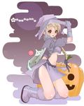  braid breasts candy cat egasumi food gloves halloween hat jack-o'-lantern kneeling lollipop medium_breasts midriff original pumpkin ribbon saibashi solo swirl_lollipop underboob 