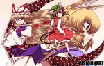  animal_ears blonde_hair brown_eyes brown_hair cat_ears cat_tail chen earrings fox_ears gap hair_ribbon hat jewelry long_hair miyamoto_ryuuichi multiple_girls multiple_tails ribbon short_hair tail touhou yakumo_ran yakumo_yukari yellow_eyes 