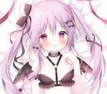  1girl :p bare_shoulders bed_sheet black_bow black_ribbon black_wings blush bow breasts closed_mouth collarbone commentary_request hair_between_eyes hair_bow hair_ribbon hand_up long_hair mini_wings original purple_eyes purple_hair ribbon shiratama_(shiratamaco) small_breasts smile solo tongue tongue_out twintails upper_body wings 