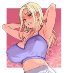  1girl armpits arms_behind_back back_cutout blonde_hair blue_camisole breasts camisole clenched_teeth clothing_cutout commentary_request covered_nipples crop_top earrings gradient_hair gyaru hair_behind_ear high-waist_pants highres huge_breasts jewelry long_hair midriff multicolored_hair original pants pink_hair red_eyes shiwasu_no_okina solo stud_earrings sweat tan teeth 