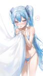  absurdres behind_curtains blue_hair blush breasts curtain_grab curtains hair_ornament hatsune_miku highres kinakomocci518 long_hair navel panties side-tie_panties simple_background small_breasts striped_clothes striped_panties twintails underwear white_background 