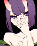  1girl bare_shoulders black_background blush close-up collarbone esu_(transc) fate/grand_order fate_(series) horns looking_at_viewer oni purple_eyes purple_hair short_hair shuten_douji_(fate) simple_background sketch skin-covered_horns solo tongue tongue_between_fingers tongue_out 
