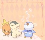  &gt;_&lt; animal_focus argyle_background brown_eyes bubble bubble_(pokemon) closed_eyes closed_mouth cyndaquil flying_sweatdrops full_body highres inset_border mochiko_(komegasi) no_humans nostrils one_eye_closed open_mouth piplup pokemon pokemon_(creature) scared standing torchic 