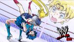  2girls artist_logo bishoujo_senshi_sailor_moon blonde_hair blue_bow blue_bowtie blue_footwear blue_hair blue_sailor_collar blue_skirt boots bow bowtie circlet clenched_teeth commentary crescent crescent_earrings earrings elbow_gloves english_commentary ep4kun gloves high_heel_boots high_heels jewelry long_hair magical_girl mizuno_ami multiple_girls red_bow red_bowtie red_footwear sailor_collar sailor_mercury sailor_moon sailor_senshi sailor_senshi_uniform skirt tears teeth tsukino_usagi twintails white_gloves wrestling wrestling_ring 