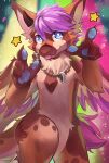  anthro blue_eyes blue_pawpads brown_body brown_fur brown_horn chain_necklace closed_smile feathered_wings feathers fingerpads front_view fur glistening glistening_eyes hair hi_res horn jewelry kuttoyaki looking_at_viewer male mouth_closed necklace nude orange_body orange_fur pawpads pink_tongue pupils purple_hair purple_wings smile solo tan_body tan_fur tan_wings tongue white_pupils wings 