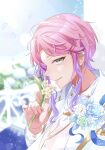  1boy amemura_ramuda blue_eyes blurry blurry_background closed_mouth earrings fingernails flower flower_request gami_ww hair_ornament hairclip highres holding holding_flower hypnosis_mic jacket jewelry light_particles long_sleeves looking_at_viewer male_focus necktie outdoors pink_hair smile solo vest white_flower white_jacket white_necktie white_vest 