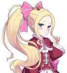  1girl alternate_hairstyle beatrice_(re:zero) blonde_hair blue_eyes blush bow capelet closed_mouth crown dress fur-trimmed_capelet fur_trim hair_bow lolita_fashion long_hair long_sleeves looking_at_viewer mini_crown pink_bow ponytail re:zero_kara_hajimeru_isekai_seikatsu red_capelet red_dress s_(hdru2332) simple_background solo symbol-shaped_pupils twirling_hair upper_body very_long_hair white_background 