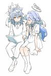  1boy 1girl brother_and_sister closed_eyes closed_mouth dress grey_hair hair_between_eyes halo head_wings honkai:_star_rail honkai_(series) long_hair looking_at_another medium_hair mozu_(modagoro) robin_(honkai:_star_rail) siblings smile sunday_(honkai:_star_rail) white_background white_dress wings yellow_eyes 