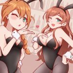  2girls :d animal_ear_hairband animal_ears aqua_eyes baba_karin_(idolmaster) baba_konomi bar_(place) black_leotard black_pantyhose blowing_kiss blush braid breasts brown_hair cleavage cowboy_shot eyelashes fake_animal_ears hair_between_eyes hair_over_shoulder hairband hand_on_own_chest hand_on_own_hip heart idolmaster idolmaster_million_live! idolmaster_million_live!_theater_days large_breasts leotard long_hair looking_at_viewer lowres multiple_girls one_eye_closed open_mouth pantyhose parted_bangs playboy_bunny rabbit_ear_hairband rabbit_ears sidelocks simple_background single_braid small_breasts smile wavy_hair winter-namaz wrist_cuffs 