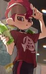  1boy amakara000 black_collar bottle collar eyewear_on_head highres holding holding_bottle indoors male_focus mohawk octoling octoling_boy octoling_player_character open_mouth print_shirt red_eyes red_hair red_shirt shirt short_hair solo splatoon_(series) splatoon_3 standing sunglasses tentacle_hair thick_eyebrows 