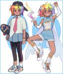  1girl absurdres baseball_cap black_hat black_pants blue_border blue_shorts border commentary dagger earrings english_commentary erinartista full_body grey_skirt hair_wings hat highres holding holding_dagger holding_knife holding_skateboard holding_weapon jewelry knife looking_at_viewer magical_girl multicolored_hair multiple_views my_little_pony my_little_pony:_friendship_is_magic necktie pants personification pink_eyes pink_necktie pleated_skirt rainbow_dash rainbow_hair shirt shoes short_hair shorts skateboard skirt sneakers socks standing standing_on_one_leg teeth weapon white_shirt white_socks white_wings winged_footwear wings 