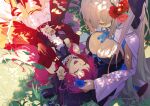  2girls :d absurdres baobhan_sith_(fate) baobhan_sith_(first_ascension)_(fate) bare_shoulders black_dress blue_flower blush boots breasts cleavage closed_eyes detached_sleeves dress fangs fate/grand_order fate_(series) flower frilled_dress frills grass hair_flower hair_ornament hair_ribbon hand_up highres lap_pillow long_hair lying morgan_le_fay_(fate) mother_and_daughter multiple_girls nail_polish on_back open_mouth pink_hair ponytail red_dress red_flower red_footwear red_nails ribbon seiza sidelocks sitting smile thigh_boots white_hair wide_sleeves zinken00 