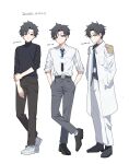  3boys alternate_costume black_eyes black_hair black_necktie black_pants black_shirt blue_archive blue_archive_the_animation business_casual coat commentary english_commentary english_text forehead full_body grey_pants hands_in_pockets highres id_card kamiyama_sumu lanyard long_sleeves looking_at_viewer multiple_boys multiple_persona necktie open_clothes open_coat pants parted_bangs sensei_(blue_archive) sensei_(blue_archive_the_animation) shirt short_hair sidelocks simple_background sleeves_rolled_up smile standing standing_on_one_leg turtleneck turtleneck_shirt white_background white_coat white_shirt 