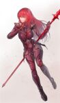  1girl absurdres armor bodysuit breasts fate/grand_order fate_(series) full_body gae_bolg_(fate) highres large_breasts long_hair looking_to_the_side pauldrons polearm purple_bodysuit purple_hair red_eyes scathach_(fate) shoulder_armor solo spear tonko_from weapon 