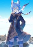  1girl ahoge animal animal_ear_fluff animal_ears animare black_coat black_skirt blue_eyes blue_hair blue_scarf blue_sky breasts coat commentary_request covered_mouth day ear_piercing fur-trimmed_coat fur-trimmed_sleeves fur_trim glowing glowing_eyes hand_up highres horizon kokka_han long_sleeves looking_at_viewer open_clothes open_coat outdoors piercing pleated_skirt scarf shirt skindentation skirt sky small_breasts snow snowing solo souya_ichika striped striped_legwear thighhighs v-shaped_eyebrows virtual_youtuber white_shirt wolf wolf_ears 