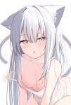  1girl :o absurdres animal_ears blush breasts camisole cat_ears cat_girl cat_tail collarbone fang grey_eyes highres long_hair looking_at_viewer memekko original parted_lips simple_background skin_fang small_breasts solo tail white_background white_camisole white_hair 