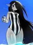  1girl absurdres aircraft airplane black_hair breasts can colored_skin grey_skin gris_(vertigris) hair_over_eyes highres holding holding_can justadrian_(yoadriandk) licorice_(justadrian) long_hair ocean one-piece_swimsuit original pointy_ears red_pupils small_breasts striped_clothes striped_one-piece_swimsuit swimsuit thick_eyebrows thighs vampire very_long_hair 