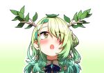  1girl :o branch ceres_fauna ceres_fauna_(1st_costume) ddolbang earrings flower gradient_background green_hair hair_flower hair_ornament hololive hololive_english jewelry leaf leaf_on_head long_hair mole mole_under_eye virtual_youtuber yellow_eyes 