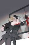  2boys aged_down arm_up battle belt black_coat black_footwear black_gloves black_pants black_tank_top blonde_hair blood blood_in_hair blood_on_face blood_on_mirror blood_on_wall boots broken_mirror closed_eyes cloud_strife coat crack final_fantasy final_fantasy_vii final_fantasy_vii_advent_children final_fantasy_vii_ever_crisis gloves grey_hair highres holding holding_sword holding_weapon holster in-franchise_crossover injury kiss knee_boots kneeling leaning_forward male_focus mirror multiple_boys pants pinned rucck2 scabbard sephiroth sheath short_hair sitting stab sword sword_on_back tank_top toned toned_male waist_cape weapon weapon_on_back yaoi 