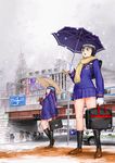  city freckles garex multiple_girls original school_uniform snow snowing umbrella 