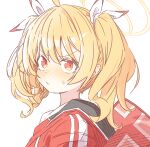  1girl 2657314861 ahoge bag blonde_hair blue_archive blush brown_eyes commentary_request hair_ribbon halo highres jacket long_hair looking_at_viewer portrait red_jacket ribbon school_bag school_uniform solo sweatdrop twintails upper_body white_background yoshimi_(blue_archive) 