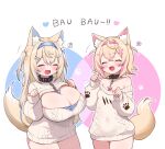 accessory animal_humanoid big_breasts blonde_hair blue_highlights blush breast_size_difference breasts canid canid_humanoid canine canine_humanoid cleavage clothed clothing collar dialogue dog_humanoid duo eyes_closed fangs female fuwawa_abyssgard hair hair_accessory hi_res highlights_(coloring) hololive hololive_en huge_breasts humanoid mammal mammal_humanoid mococo_abyssgard multicolored_hair open_mouth open_smile pink_highlights sibling_(lore) sister_(lore) sisters_(lore) smile standing sweater tail teeth text topwear twins_(lore) vtuber zazami_d