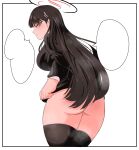  1girl absurdres ass back bentic black_hair black_thighhighs blue_archive border bottomless breasts commentary english_commentary hair_ornament hairclip halo highres long_hair rio_(blue_archive) solo speech_bubble thighhighs 