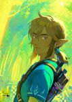  1boy blonde_hair blue_eyes blue_tunic braid closed_mouth earrings english_commentary english_text highres jewelry link looking_at_viewer male_focus pointy_ears shirt short_hair solo the_legend_of_zelda the_legend_of_zelda:_breath_of_the_wild tunic upper_body veron_1411 