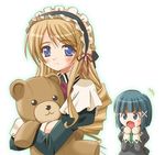  2girls black_hair blonde_hair blue_eyes blush byakudan_kagome long_hair lowres maid_headdress multiple_girls no_nose open_mouth oshibaru shiumai short_hair smile strawberry_panic! stuffed_animal stuffed_toy teddy_bear tsukidate_chiyo 