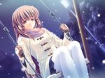  brown_hair coat dear_my_friend dutch_angle game_cg kushiro_mai kusukusu lamppost long_hair mittens night outdoors pink_eyes pink_scarf sad scarf sitting snow snow_on_head snowing solo swing thighhighs tree white_legwear 