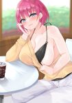  1girl belt bikini bikini_pull bikini_top_only bikini_under_clothes black_belt breasts brown_sweater cleavage closed_mouth clothes_pull cup elbow_rest go-toubun_no_hanayome halterneck indoors large_breasts looking_at_viewer micosiva nakano_ichika on_chair pants pink_hair pulled_by_self round_table sideboob sitting smile smug solo sweater sweater_pull swimsuit table teasing white_pants 