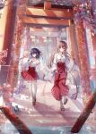  2girls architecture blue_hair blush braid breasts brown_eyes brown_hair cherry_blossoms east_asian_architecture full_body hair_between_eyes hair_ribbon hakama highres japanese_clothes large_breasts long_hair long_sleeves looking_at_viewer maeda_shiori miko multiple_girls multiple_torii nanami_yuuno outdoors red_eyes red_hakama red_ribbon ribbon side_braid smile sousouman thighhighs tongue tongue_out torii twinbox_school very_long_hair white_thighhighs wide_sleeves 