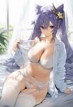  1girl ai-generated breasts flower genshin_impact hair_flower hair_ornament highres huge_breasts keqing_(genshin_impact) lingerie looking_at_viewer navel on_bed plant purple_eyes purple_hair setsuaiart solo thighhighs thighs twintails twisted_hair underwear window 