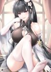  1girl azur_lane bare_shoulders black_hair blush breasts cleavage cleavage_cutout clothing_cutout collarbone elbow_gloves finger_to_mouth gloves gudon_(iukhzl) head_tilt highres large_breasts long_hair looking_at_viewer official_alternate_costume peter_strasser_(azur_lane) peter_strasser_(lustrous_jade_of_the_golden_house)_(azur_lane) purple_eyes sitting smile solo thighhighs very_long_hair white_gloves white_thighhighs 