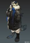  2019 absurd_res anthro arknights black_hair blue_hair bottomwear claws clothed clothing container cup drinking fur grey_body grey_fur hair hi_res holding_container holding_cup holding_object hyena hypergryph jacket looking_away male mammal milkytiger1145 pants shirt solo spot_(arknights) spotted_hyena studio_montagne tail topwear weibo 