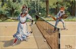  20th_century ancient_art anthro arthur_thiele ball biped bottomwear clothed clothing domestic_cat duo felid feline felis female footwear fully_clothed male mammal net outside pants playing_sport shoes signature singles_tennis sport tennis tennis_ball tennis_court tennis_net traditional_media_(artwork) 