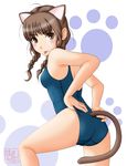  animal_ears ass braid brown_eyes brown_hair cat_ears cat_tail hair_over_shoulder kimi_kiss mizusawa_mao neopure one-piece_swimsuit school_swimsuit solo swimsuit tail tongue twin_braids twintails 