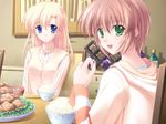  artist_request blonde_hair blue_eyes blush bottle bowl brown_hair canvas_2 food green_eyes hood hoodie housen_elis jewelry kikyou_kiri long_hair multiple_girls necklace rice short_hair table 